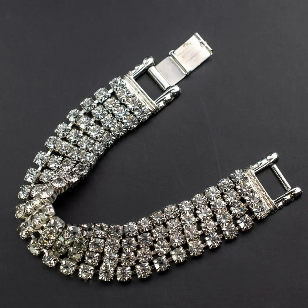 Wide rhinestone tennis bracelet, statement clear crystal bracelet 60s vintage